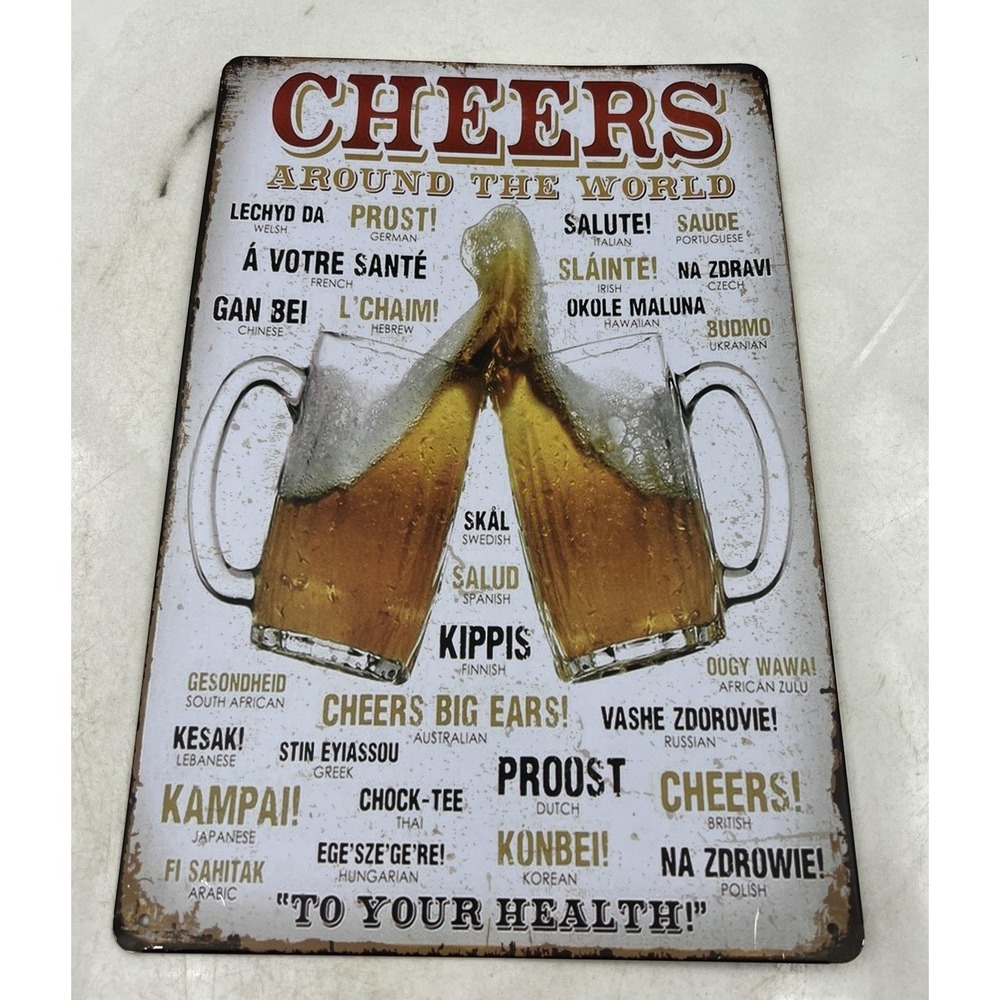 Cheers Around The World Metal Tin Sign Vintage Beer Bar Man Cave Wall Decor 12X8
